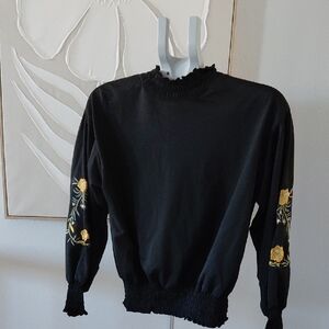 Chic Black Blouse with Yellow Floral Embroidery